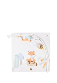 Baby play mat with soft arches, hanging rainbow, mushroom, sun, and smiling fox holding an acorn on a log.