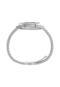 Ceas metalic argintiu cu carcasă rotundă, bezel neted și brățară cu link-uri. Dispune de două butoane și un sistem de închidere tip clasp. Design simplu.