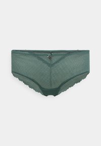 Cueca de estilo biquíni em malha verde, com bordas douradas, um pequeno laço e um charme metálico na parte central traseira.