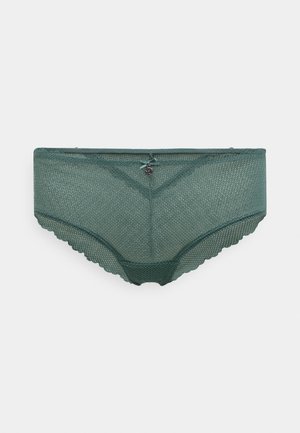 Grønnet mesh-bikiniundertøj med bølget kant, en lille sløjfedetalje og en metallisk charm midt bag på.