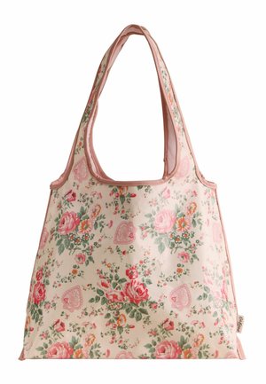 Bolsa tote con ribete rosa claro que presenta un patrón floral de rosas y pequeñas flores en tonos rosa, naranja y verde sobre un fondo crema.