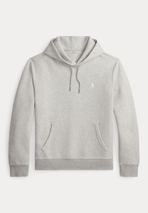 Hellgrauer Kapuzenpullover mit langen Ärmeln, Kordelzugkapuze, Kängurutasche, gerippten Bündchen und Saum sowie kleinem weißem Polo-Logo auf der Brust.