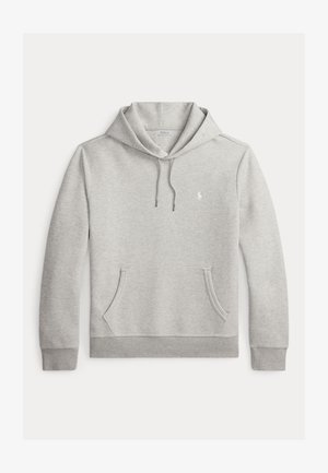 Hellgrauer Kapuzenpullover mit langen Ärmeln, Kordelzugkapuze, Kängurutasche, gerippten Bündchen und Saum sowie kleinem weißem Polo-Logo auf der Brust.