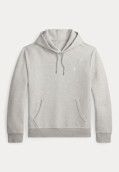 Sweat à capuche gris clair à manches longues avec cordon de serrage, poche kangourou, poignets et ourlet côtelés, et petit logo Polo blanc sur la poitrine.