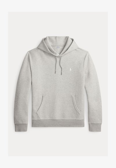 Sweat à capuche gris clair à manches longues avec cordon de serrage, poche kangourou, poignets et ourlet côtelés, et petit logo Polo blanc sur la poitrine.