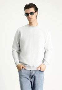 Sudadera gris claro con cuello redondo y puños de canalé, combinada con vaqueros azules. El modelo lleva gafas de sol rectangulares oscuras.