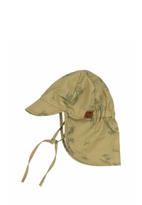 Khaki-Sonnenhut mit breiter Krempe, verstellbaren Kinnriemen und einem tropischen Tiermuster. Mit einem kleinen braunen Logo-Patch an der Seite.