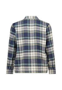 Geruite flanellen shirt in marineblauw, wit en groen, met een standaardkraag en lange mouwen. De stof heeft een zachte, gestructureerde afwerking met contrasterende lijnen.