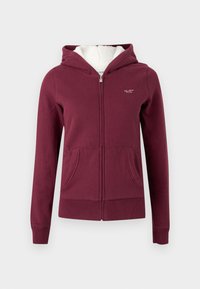 Μπορντό φούτερ με φερμουάρ, κατασκευασμένο από απαλή ύφανση, με επενδεδυμένο κουκούλι, δύο μπροστινές τσέπες και κεντημένο λογότυπο στο στήθος.