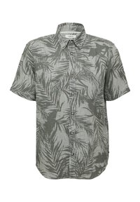 Korte mouw shirt in grijze stof met een palmenbladpatroon, met een button-down kraag en knopen aan de voorkant. Gecategoriseerd met gestreepte accenten.