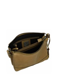 Borsa a tracolla in pelle marrone chiaro con apertura con cerniera, tasche interne e una superficie liscia. Dotata di una tracolla regolabile e di un'etichetta del marchio.