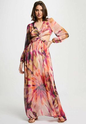 Abito lungo in tessuto trasparente con un motivo tie-dye nelle tonalità di rosa, arancione e marrone. Maniche lunghe e dettaglio con nodo attorcigliato in vita.