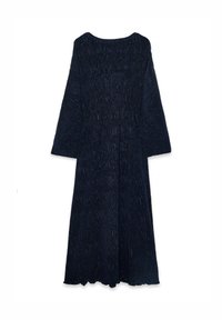 Long-sleeve, floor-length dress in dark navy with pleated texture and a scalloped hem. Made from soft, lightweight fabric.