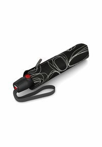 Zwarte parapluhoes met witte wervelingen, ritssluiting en een zwart-rode handgreep. Voorzien van een grijze strap voor eenvoudig dragen.