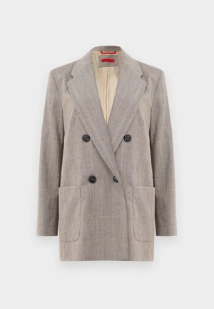 Blazer doppiopetto grigio chiaro in tessuto testurizzato, con revers a punta, due tasche frontali e bottoni neri. Fodera interna beige.