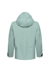 Giacca impermeabile verde chiaro con cappuccio, caratterizzata da una texture liscia, maniche lunghe e dettagli neri sui polsini e sull'orlo.