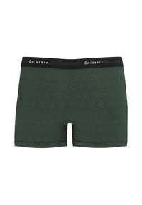 Boxer shorts verts avec motif géométrique texturé, taille élastique noire arborant le logo 'Eminence'. Longueur de jambe courte et design ajusté.