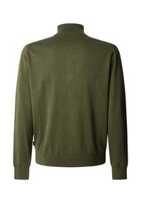 Maglione pullover verde oliva con colletto alto, maniche lunghe e polsini e orlo a costine; struttura a maglia liscia in tutto il capo.