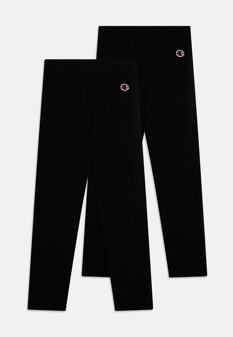 Black cotton leggings with elastic waistband, adorned with a small embroidered logo on the side. Smooth texture and fitted design.