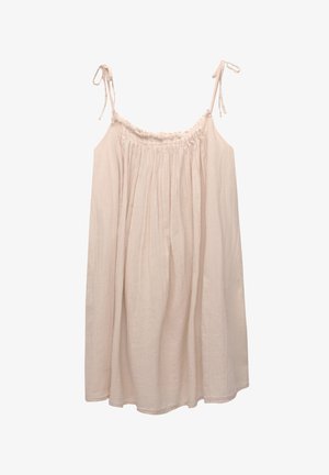 Svijetlosmeđa haljina bez rukava izrađena od teksturiranog materijala, s nabranim gornjim dijelom, vezivim trakama i lepršavim, širokim siluetom.