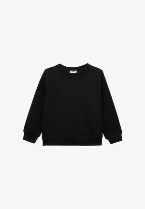 Sudadera negra de punto texturizado. Cuenta con cuello redondo, mangas largas y puños y dobladillo de canalé. Diseño simple de un solo color.