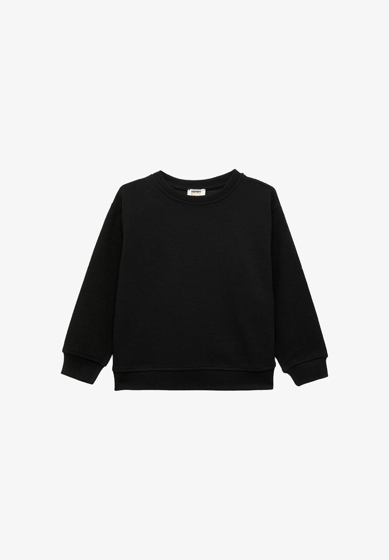 Felpa nera a pullover realizzata in tessuto testurizzato. Presenta un colletto rotondo, maniche lunghe e polsini e orlo a coste. Design semplice e monocromatico.