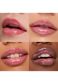 Fyra närbilder av läppar med varierande nyanser av rosa glans. Texturerna ser blanka, släta och naturliga ut; två läppar har en lätt glans.