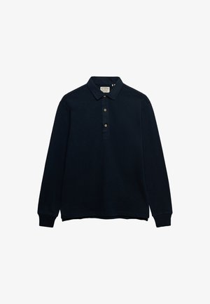Donkerblauw katoenen poloshirt met lange mouwen, een kraag, een knoopsluiting met drie knopen en een subtiele logo-detail op de borst.