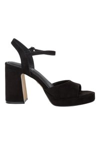 Black suede platform sandals with a peep toe, thick block heel, ankle strap, and gold accent on the heel. Smooth texture and minimalist design.