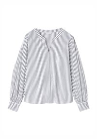 Valkoinen pusero, jossa on kapeita mustia pystysuoria raitoja, V-mallinen kaula-aukko sekä pitkät puffihihat napitettuna. Silkkinen kankaan pinta.