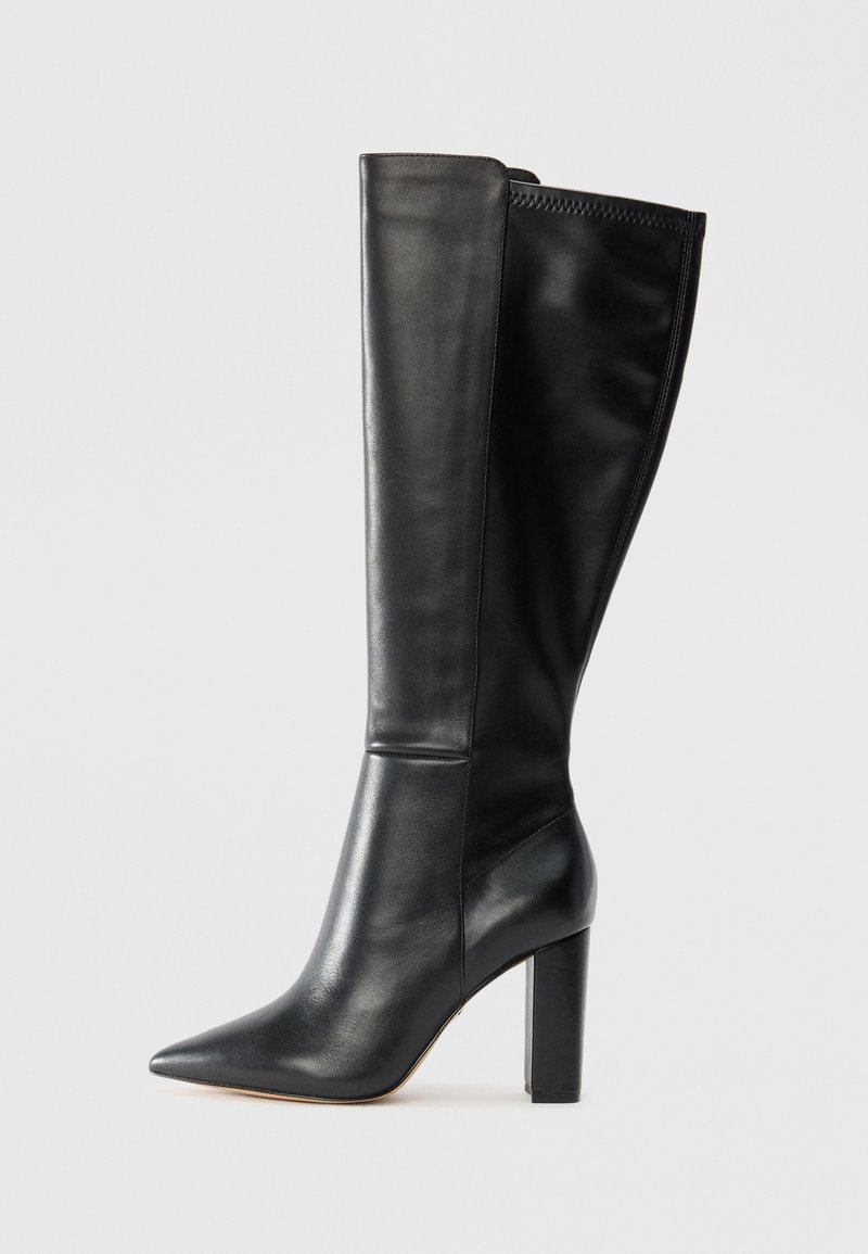 Black leather knee-high boots with a pointed toe and a chunky heel. Smooth texture, minimal seams, and sleek silhouette.