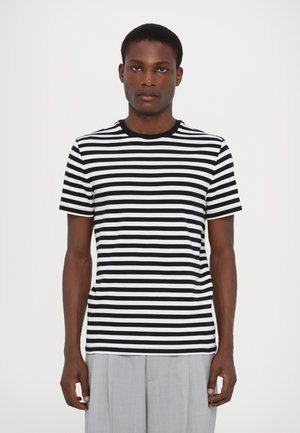 Tricou cu dungi alb-negru, cu decolteu rotund, mâneci scurte și croi slim. Material neted și model de dungi uniform.