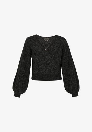 Czarny sweter z dekoltem w serek, długimi bufkami i jednym dekoracyjnym guzikiem. Wykonany z fakturowanej, błyszczącej tkaniny.