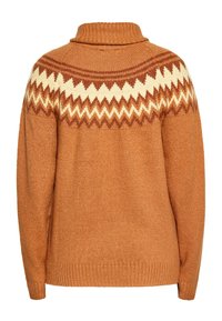 Turtleneck pulóver égő narancssárgában, krémszínű cikk-cakk mintázattal a váll részen. Puha, textúrált anyagból készült, bordás mandzsettákkal.