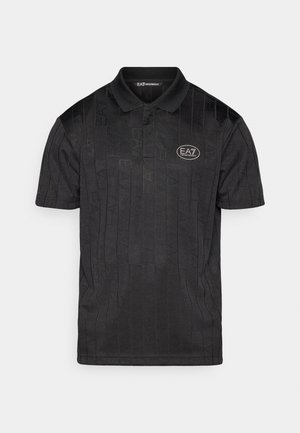Zwart poloshirt met een gestructureerd patroon, geribde kraag, korte mouwen en een EA7-logo in een ovale accent, gemaakt van ademende stof.