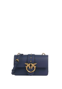 Borsa a tracolla in pelle blu navy con un embellishment in tonalità oro decorato con motivi di uccelli, chiusura a pattina e borchie decorative sul davanti.