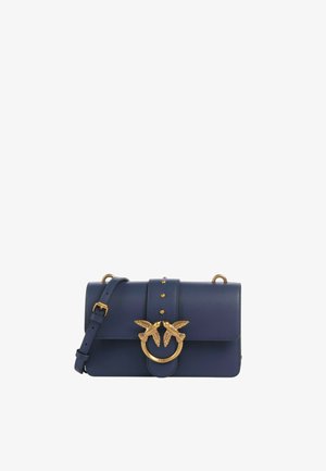 Borsa a tracolla in pelle blu navy con un embellishment in tonalità oro decorato con motivi di uccelli, chiusura a pattina e borchie decorative sul davanti.