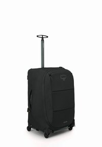 Valigia nera con ruote, maniglia telescopica, tessuto resistente, tasca frontale con zip e quattro ruote per una facile mobilità. Logo del marchio visibile.