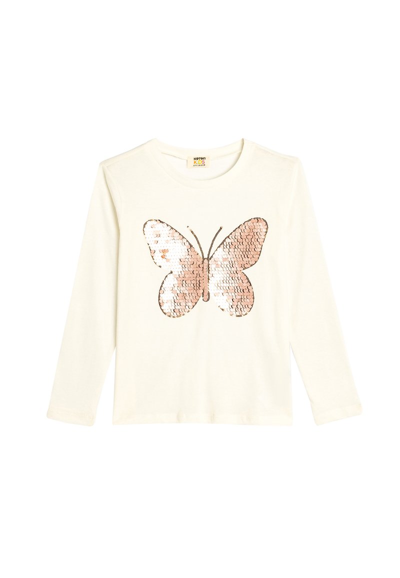 T-shirt a maniche lunghe color crema con un grande design di farfalla in paillettes nei toni del rosa e dell'argento sul davanti. Materiale di cotone morbido.