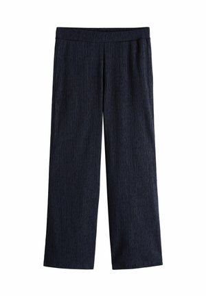 Wide-leg black textured pants with elastic waistband, straight cut, and no visible pockets or closures.