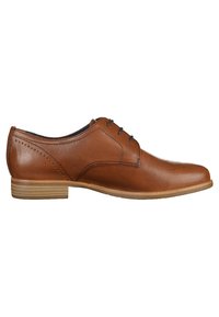 Chaussure habillée en cuir marron avec un profil bas, un bout rond et un talon empilé. Présente des perforations décoratives et des lacets fins.