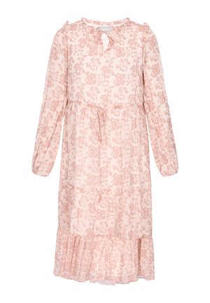 Długa sukienka midi w jasnoróżowym kolorze z długim rękawem, wzorem kwiatowym, falbankowanym dołem, troczkiem w talii oraz dekoltem typu keyhole z zapięciem na wiązanie.