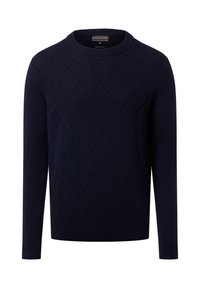 Granatowy sweter wykonany z miękkiego materiału dzianinowego, z diamentowym wzorem i klasycznym okrągłym dekoltem, z prążkowanymi mankietami i dołem.