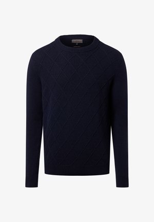 Dunkelblauer Pullover aus weichem Strickmaterial, mit einem Rautenmuster und klassischem Rundhalsausschnitt, sowie gerippten Bündchen und Saum.