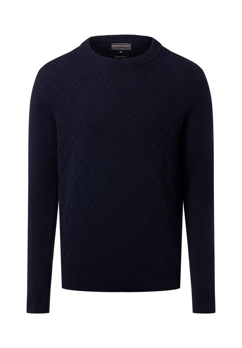 Granatowy sweter wykonany z miękkiego materiału dzianinowego, z diamentowym wzorem i klasycznym okrągłym dekoltem, z prążkowanymi mankietami i dołem.