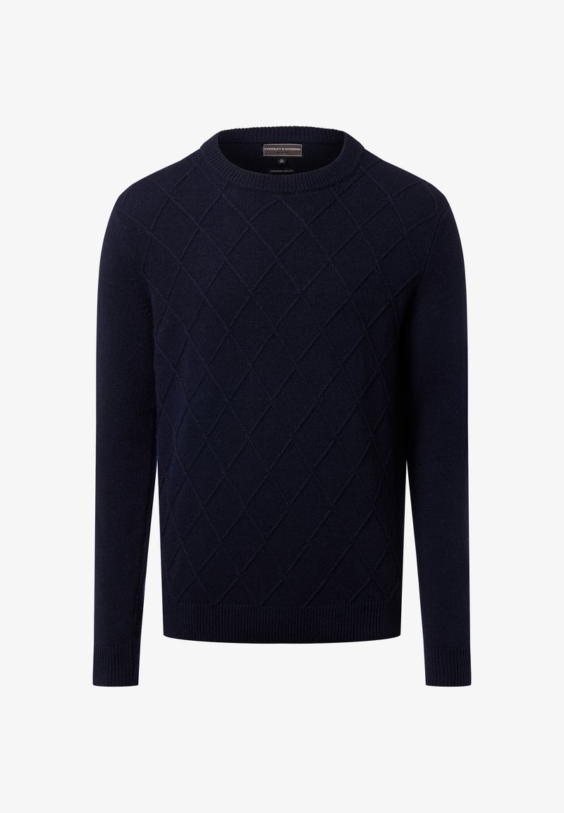 Granatowy sweter wykonany z miękkiego materiału dzianinowego, z diamentowym wzorem i klasycznym okrągłym dekoltem, z prążkowanymi mankietami i dołem.