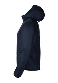 Marineblaue isolierte Jacke mit Kapuze, glatter Textur und taillierter Silhouette. Verfügt über einen Reißverschluss und Seitennähte für einen eleganten Look.