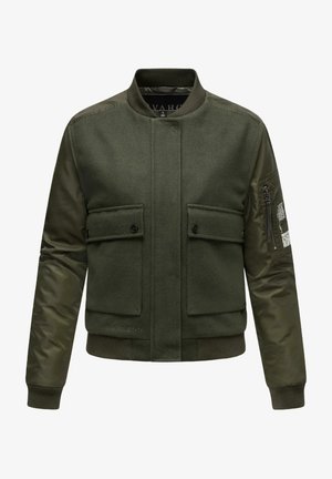 Alieji žali bomber tipo švarkas su vilnoniu priekiu, nailono rankovėmis, dviem priekinėm kišenėm ir užtrauktuku užsegama kišene rankovėje. Susiraukšlėję rankogaliai ir apatinė dalis.