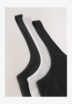 Három fekete és fehér színű trikó bordázott textúrával, széles pántokkal és finoman ívelt szegéllyel. Látható varrási díszítések.