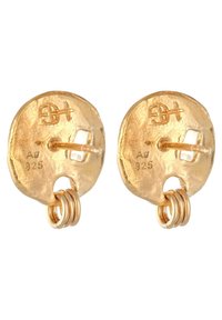 Kulla tooni metallkõrvarõngad tekstuuriga ovali kujuga, millel on tagaküljel post ja nähtav märge hõbesisalduse (Ag 925) kohta.